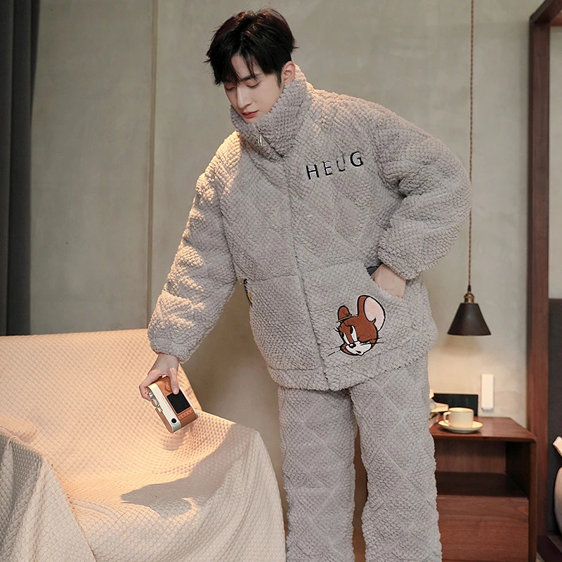 三层夹棉加厚男士睡衣法兰绒冬季拉链开衫卡通珊瑚绒家居服 7817