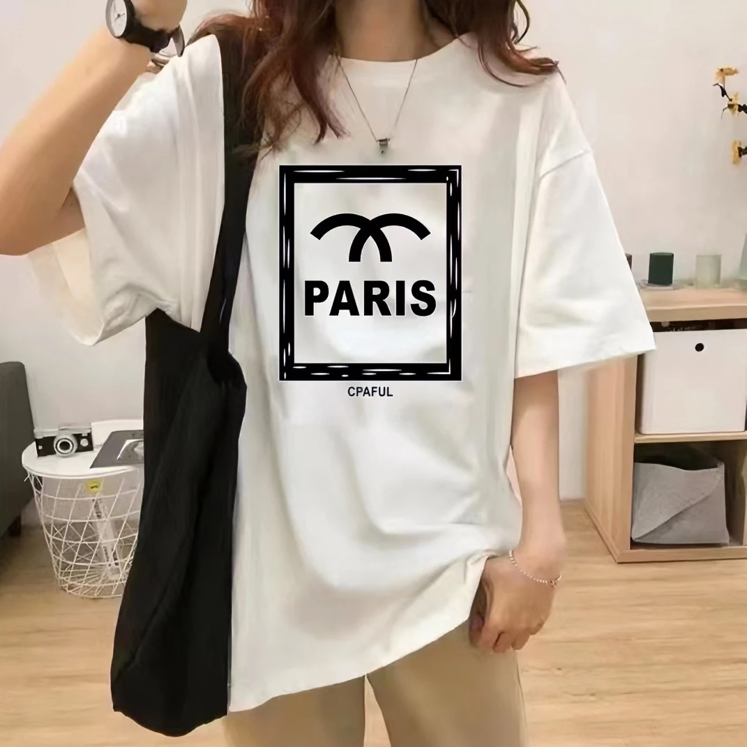 春夏季新款时尚设计感短袖圆领白色男女同款潮流T恤-黑PARIS字母