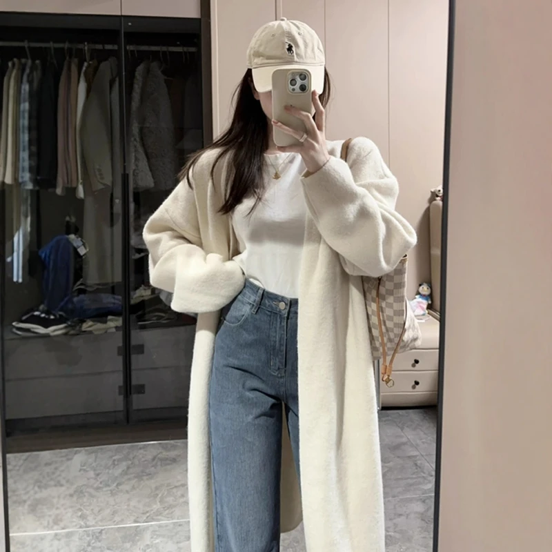 白色长款毛衣开衫外套女冬季加厚新款大衣慵懒氛围感外搭针织上衣