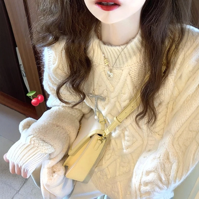 复古日系奶fufu白色麻花毛衣女秋冬加厚宽松慵懒风软糯针织衫上衣