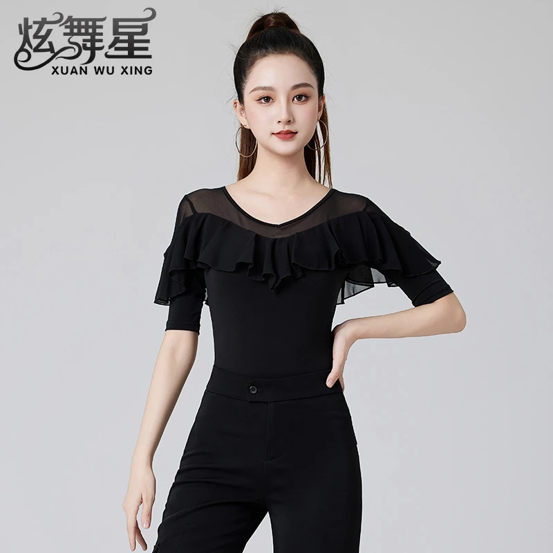 跳舞专用上衣时尚荷叶边拉丁舞服女成人吉巴特国标交谊舞蹈服中袖