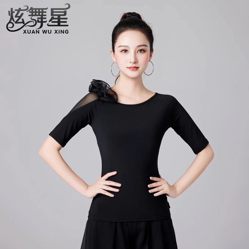 拉丁舞练功服夏季薄纱圆领舞衣上衣女国标舞服摩登交谊舞演出服装