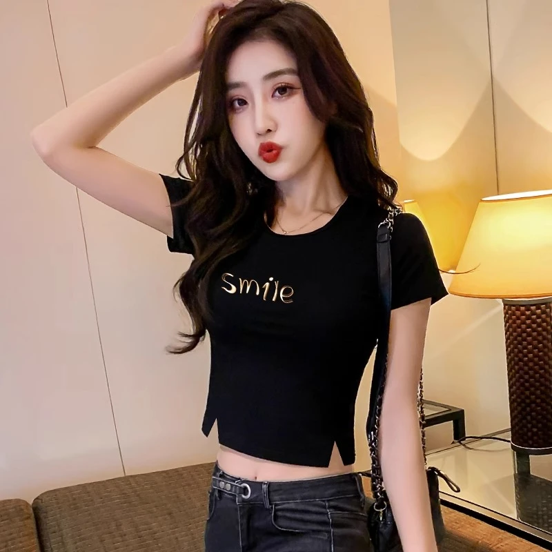 黑色短袖露脐t恤女夏2025年新款设计感小众开叉ins潮高腰短款上衣