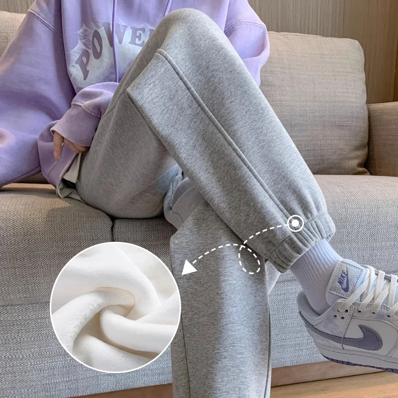 加绒运动裤女2025秋冬季新款小个子束脚高腰卫裤长绒棉哈伦长裤子