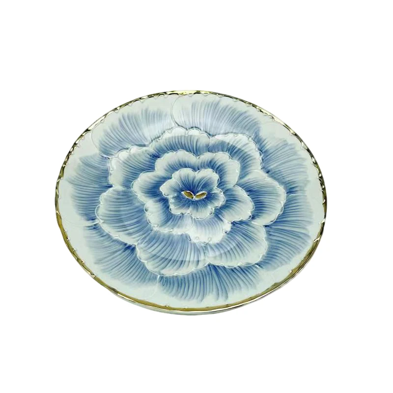 日式蓝金牡丹浅盘平盘28cm家用白瓷釉下彩陶瓷餐具瓷盘描金