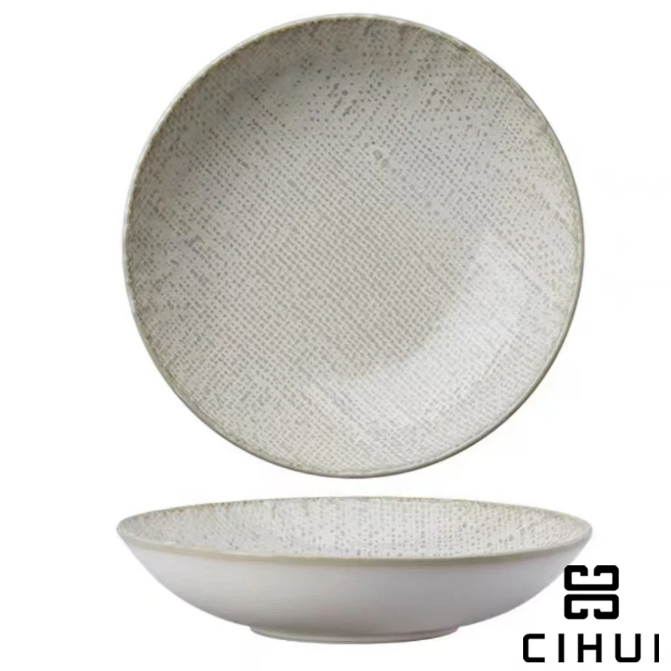 CIHUI 珍珠白麻布纹陶瓷汤碗盘子深盘