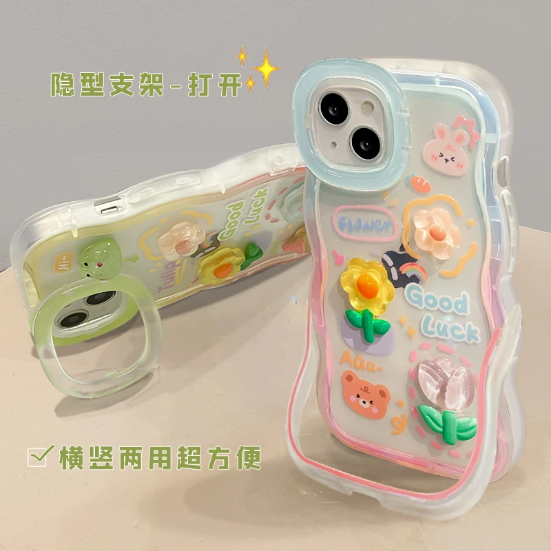 适用苹果15透明手机壳iPhone14满屏小新家族13波浪边隐形双支架11