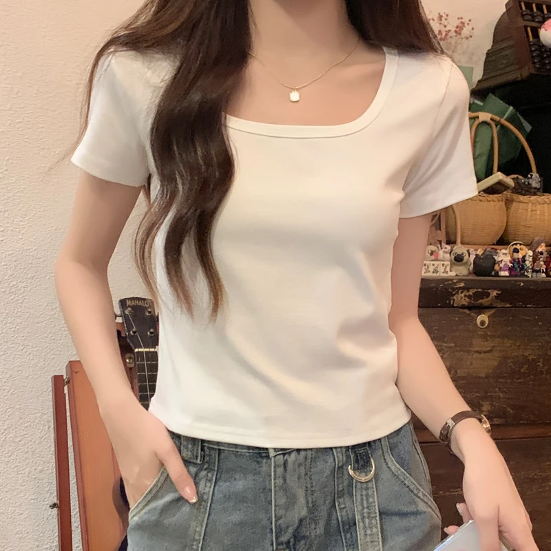 韩版时髦白色方领短袖t恤女2025夏季短款小个子修身显瘦上衣短