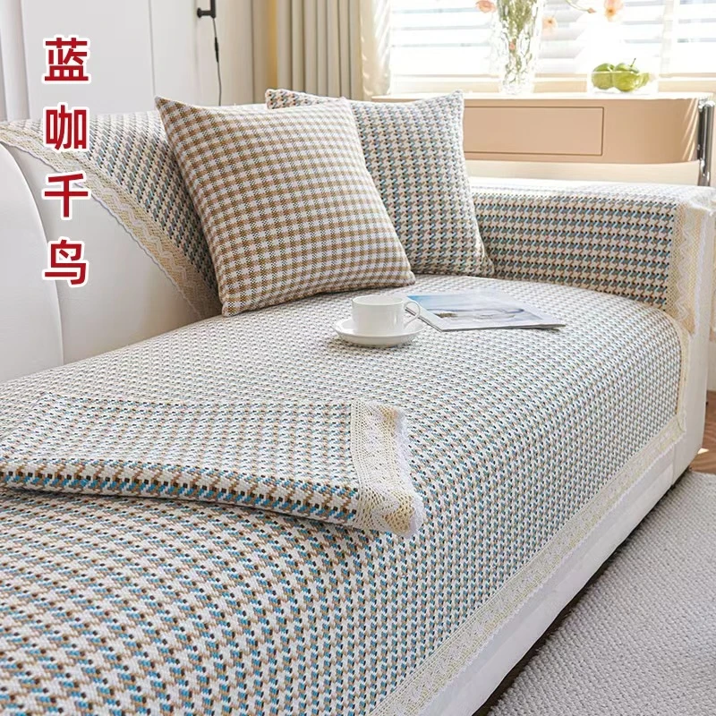 老粗布【沙发巾三件套】<蓝咖千鸟>加厚  简约 透气三条  一套装