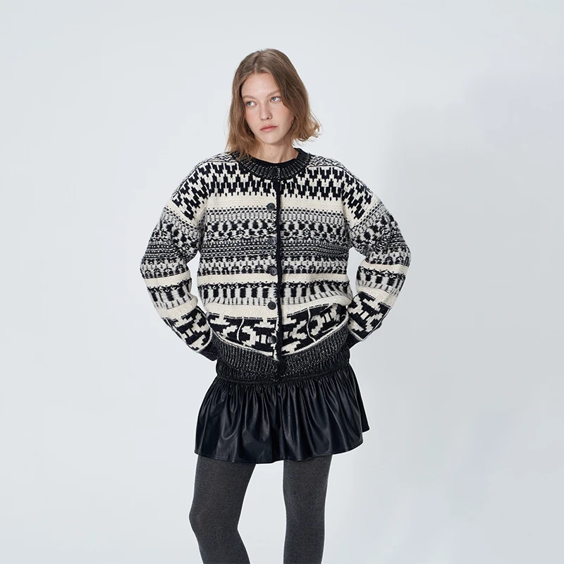 THE ENES  复古高级慵懒风提花圆领针织开衫外套