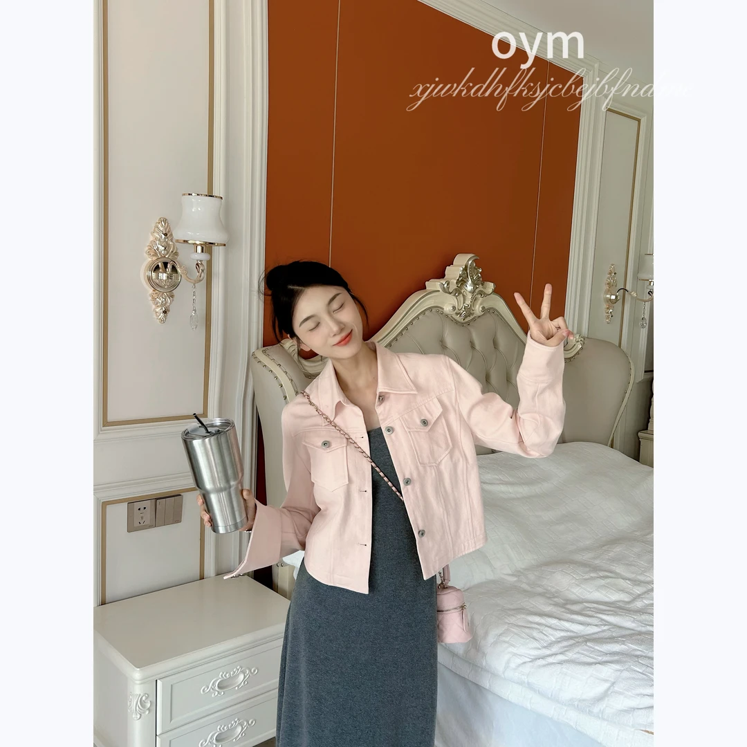 短款牛仔外套女春季2025新款粉色韩版宽松休闲百搭正肩上衣翻领