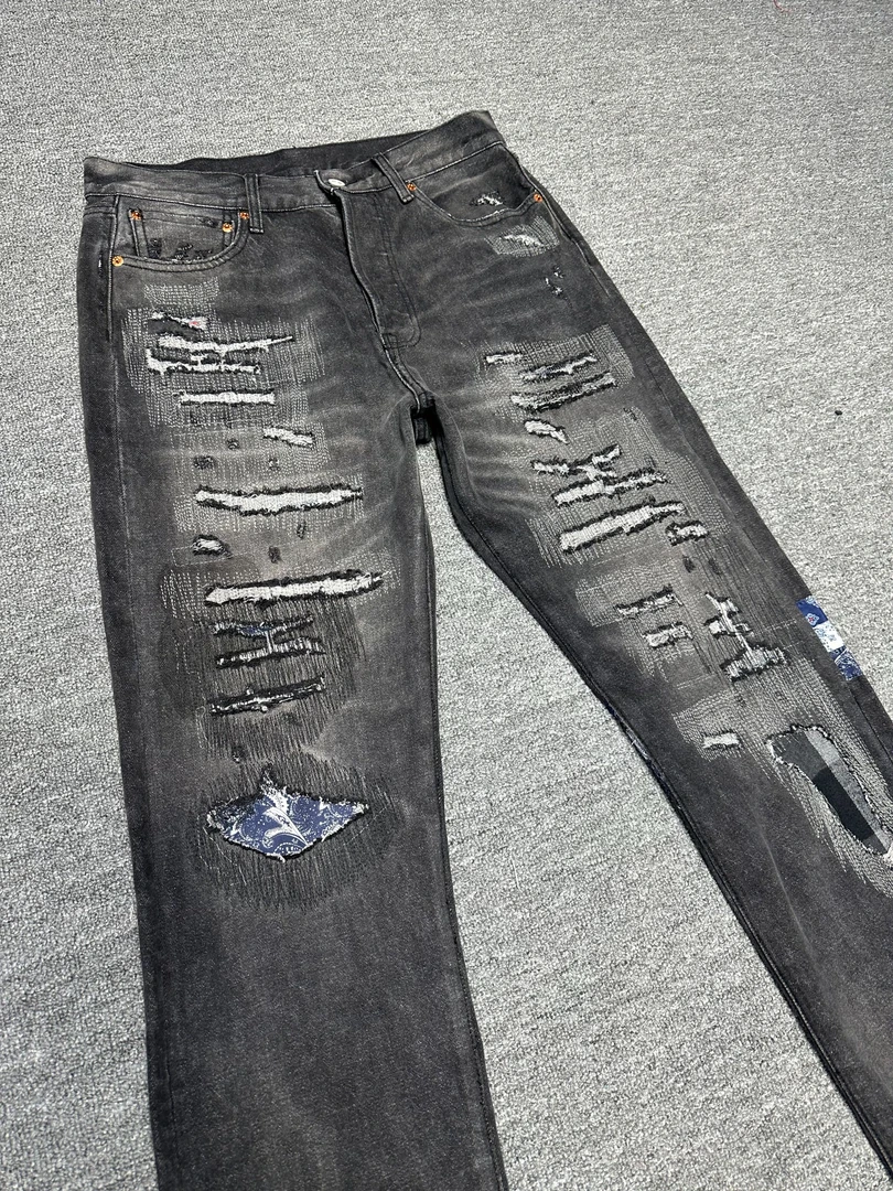 新长寿黑色长寿风格洗水破洞休闲国潮流直筒宽松牛仔裤牛王款