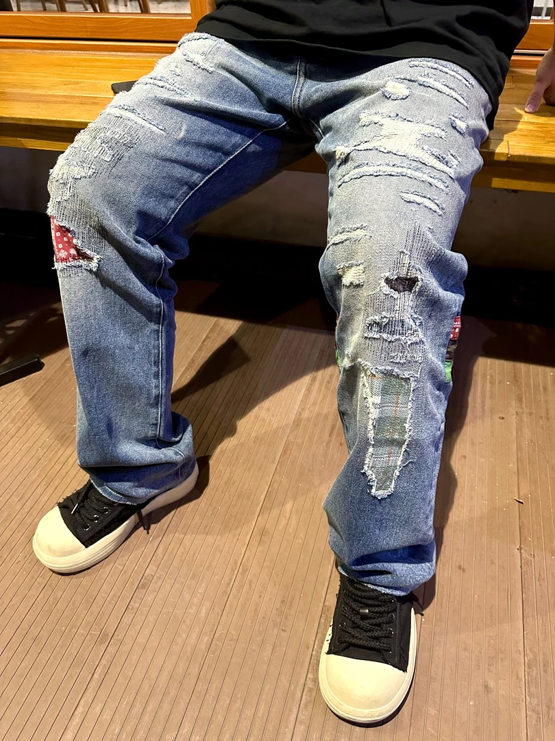 新长寿八代风格水洗休闲腰果花直筒宽松牛仔裤复古破洞印花牛仔裤