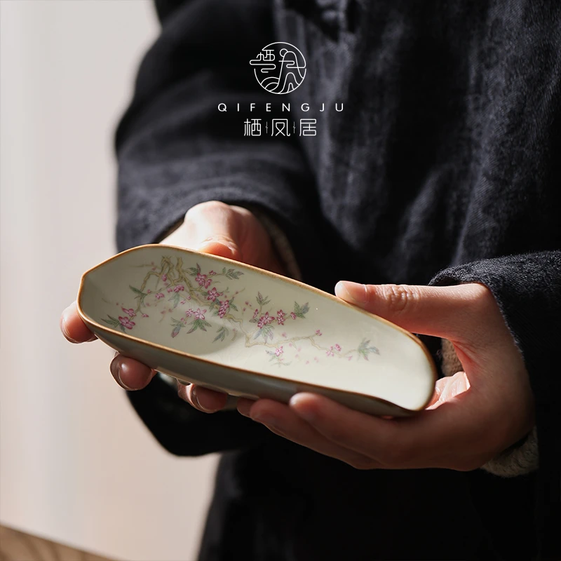 QIFENGJV/栖凤居桃枝秾粉茶则陶瓷茶赏器中式复古茶具茶道配件