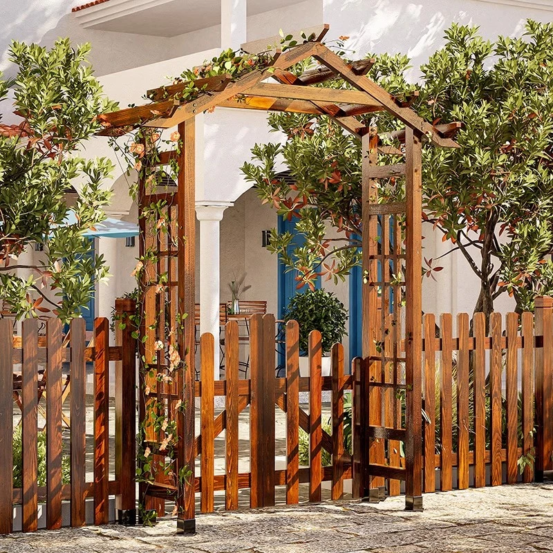 户外防腐木花园鲜花拱门带门葡萄架庭院半边拱形门院子花架爬藤架