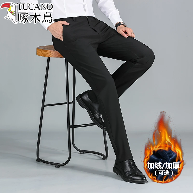TUCANO/啄木鳥男士商务休闲裤秋冬款加绒加厚西裤宽松直筒长裤男