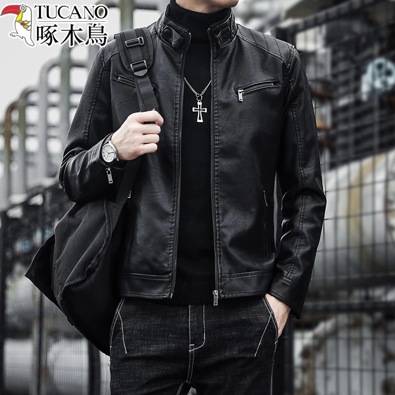 TUCANO/啄木鳥海宁皮衣秋冬季男士韩版修身机车服加绒皮夹克外套