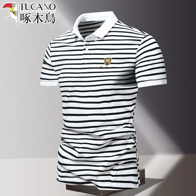 TUCANO/啄木鳥高档条纹短袖POLO衫男夏季刺绣翻领t恤休闲半袖上衣