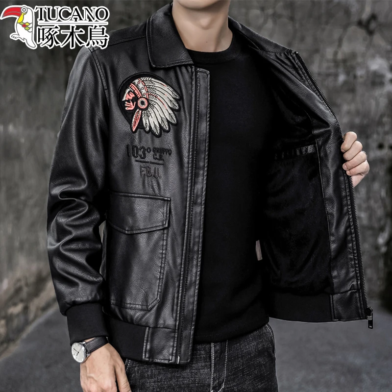 TUCANO/啄木鳥男士皮衣加绒加厚高端皮夹克机车服飞行员潮流外套