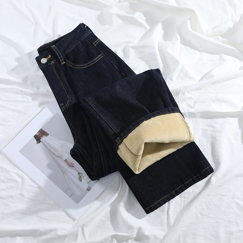 加绒丹宁色窄版阔腿牛仔裤女2025秋冬新款宽松高腰显瘦加厚直筒裤