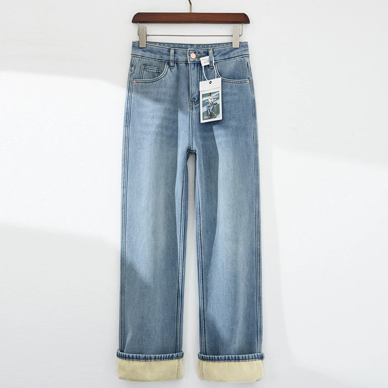 浅色加绒窄版阔腿牛仔裤女冬季2025新款加厚宽松高腰显瘦直筒裤子