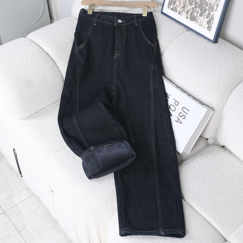 丹宁色加绒加厚弯刀牛仔裤女2025冬季新款高腰显瘦复古宽松阔腿裤