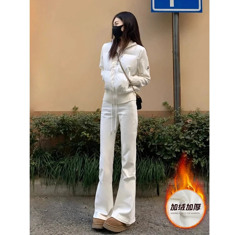 加绒白色微喇休闲裤女秋冬2025新款修身高腰显瘦抽绳运动裤喇叭裤