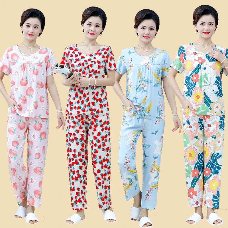妈妈装夏季短袖套装棉绸两件套中年印花宽松家居服睡衣