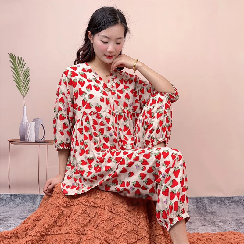 人造棉两件套春秋大码卡通妈妈棉绸睡衣女夏季薄款中年家居服套装