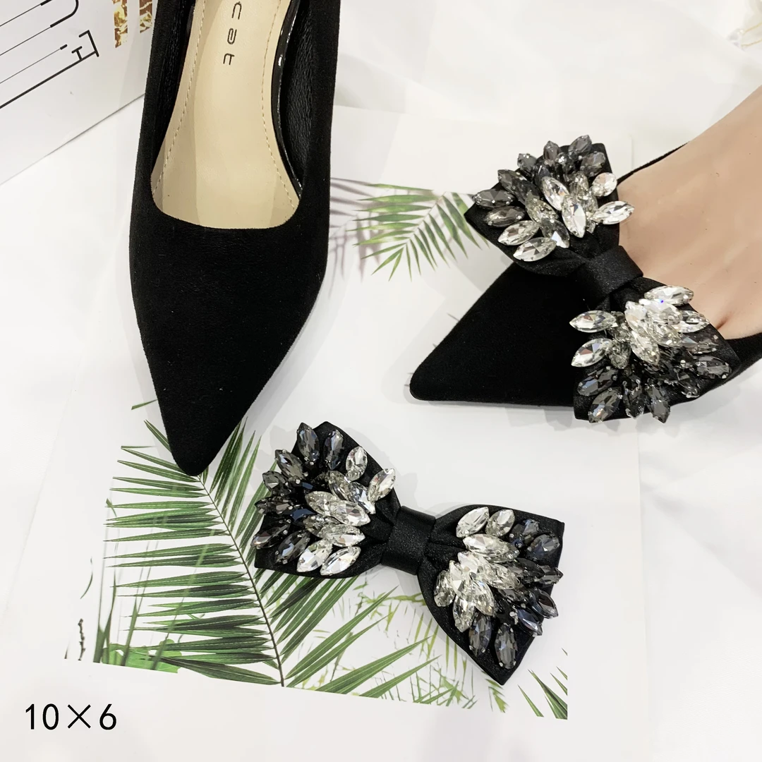 新款羽花菱形钻绸缎蝴蝶结鞋饰扣高跟平底鞋可拆卸配饰diy鞋花