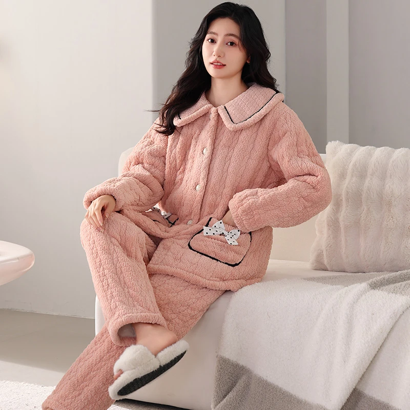 都市丽人【穿到零下10度】女三层厚夹棉粉红保暖蝴蝶结家居服可睡