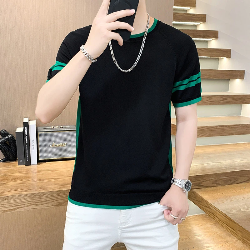 2024夏季男士新款高品质轻奢冰丝伊力特针织短袖时尚休闲圆领上衣