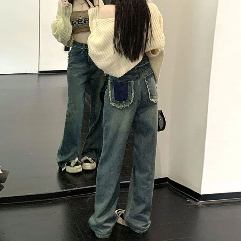 2023年新款高腰阔腿大口袋牛仔裤女直筒宽松春季显瘦垂感拖地