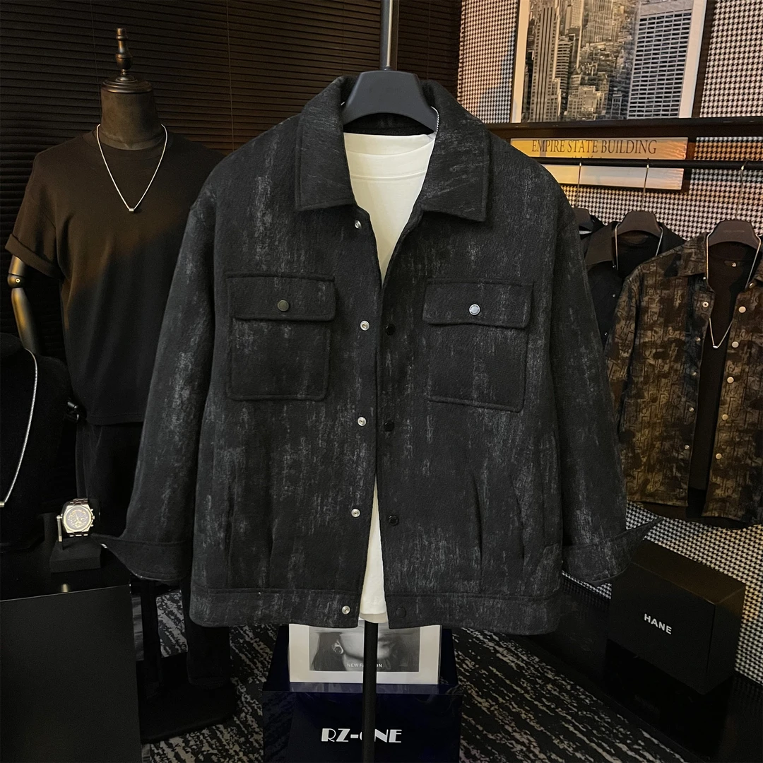 秋冬原创设计扎染夹棉夹克百搭休闲时尚翻领男士毛昵外套