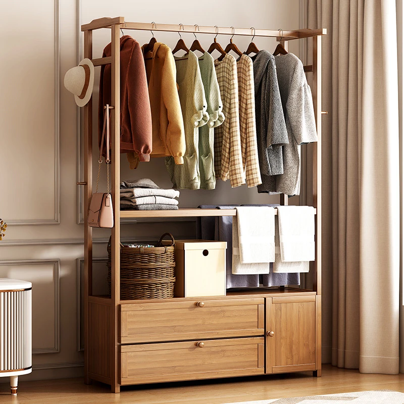 卧室衣帽架落地家用立式挂衣服架子带储物柜简易置衣架小型衣柜子