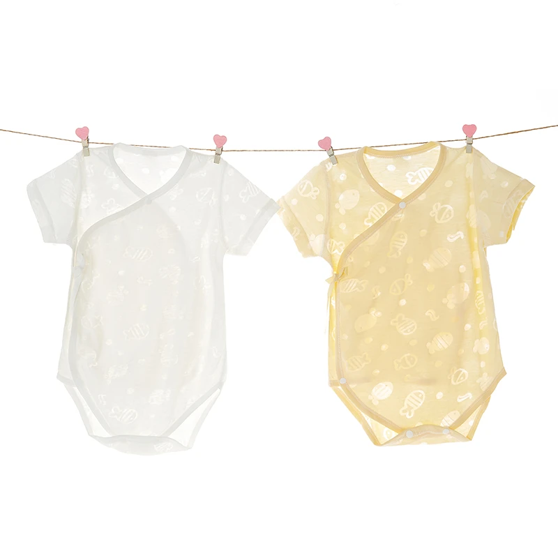 新生儿幼儿烧花短袖包屁衣薄款夏季百天系带镂空夏款婴儿衣新生婴