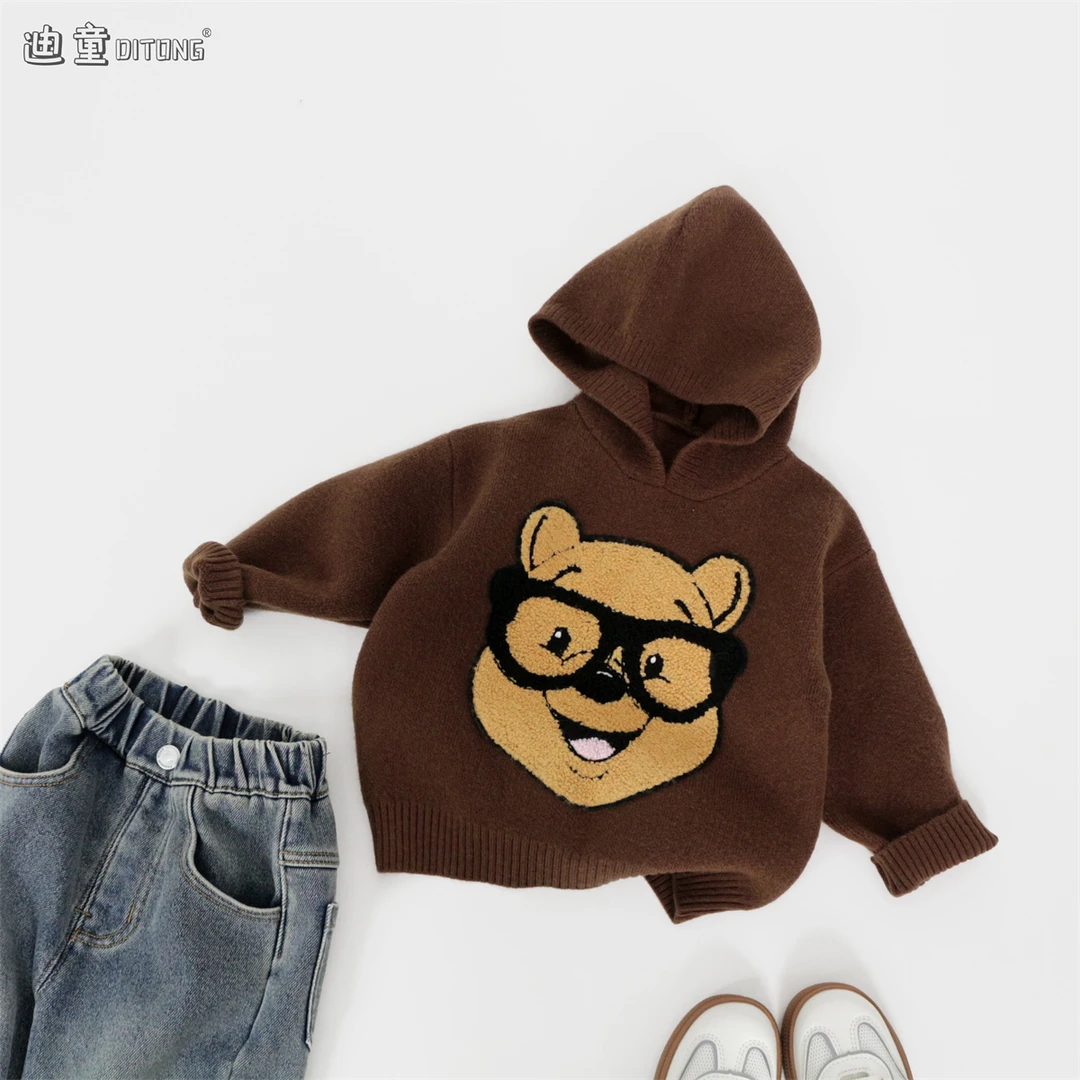 儿童针织衫童装秋季男童女童宝宝中小童套头外套反季连帽毛衣