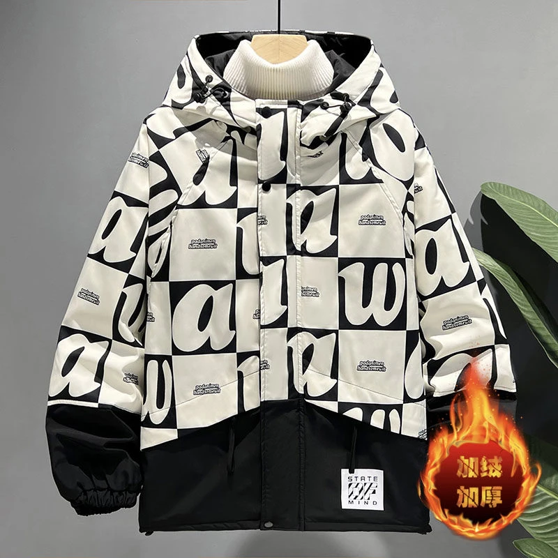 青少年男装秋冬季加绒加厚连帽棉衣服初高中学生潮牌保暖工装外套