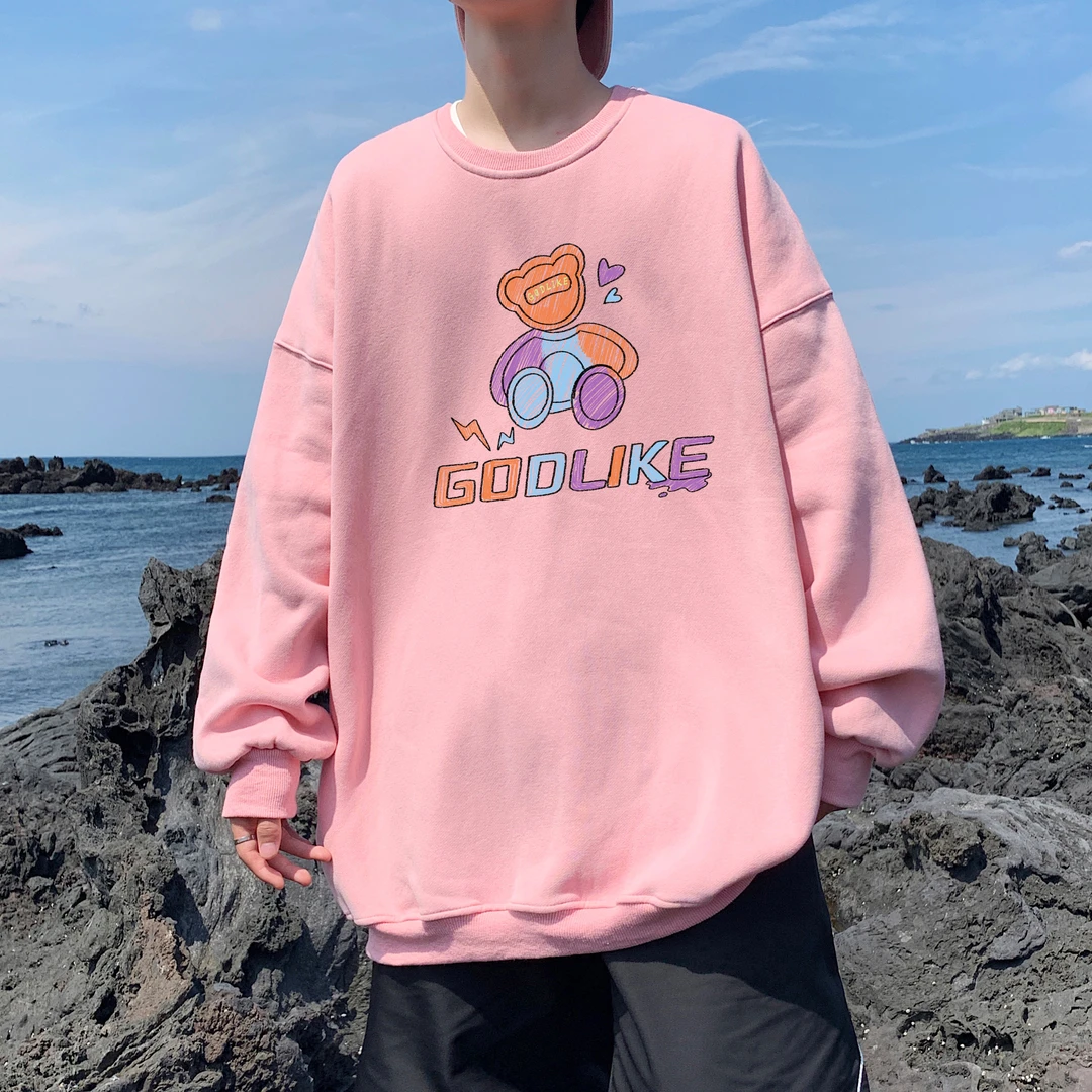 GODLIKE棉秋圆领长袖打底衫青少年长袖打底衫白色学生印花港风