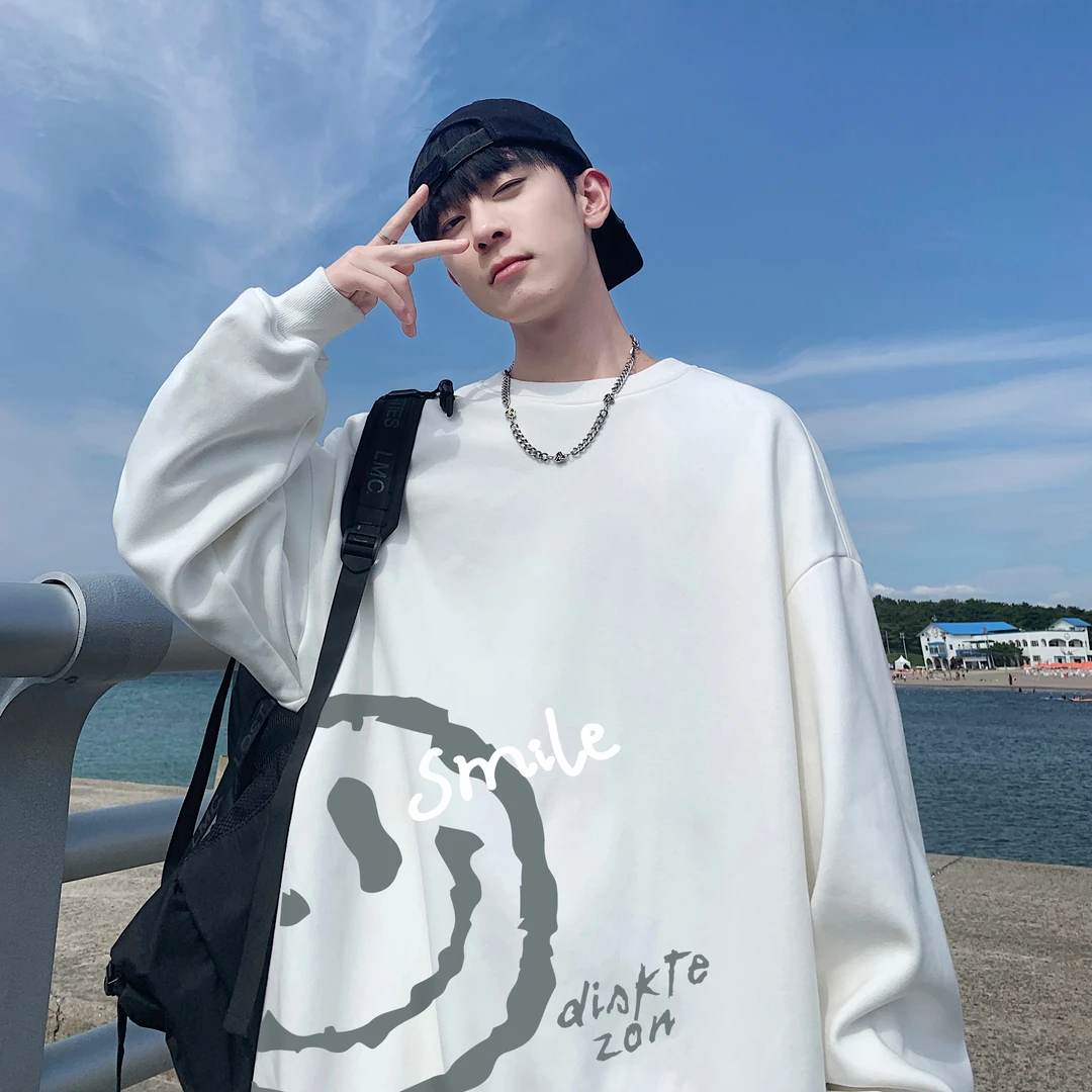 棉质秋圆领长袖卫衣青少年长袖学生潮牌开学季休闲笑脸卡通套头衫