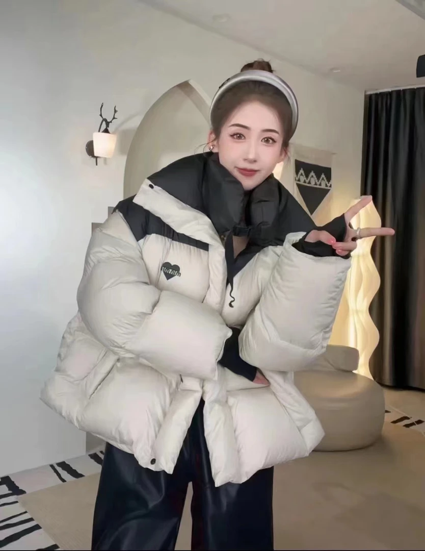 新款爱心拼色羽绒服女韩版宽松短款立领白鸭绒加厚外套YY317
