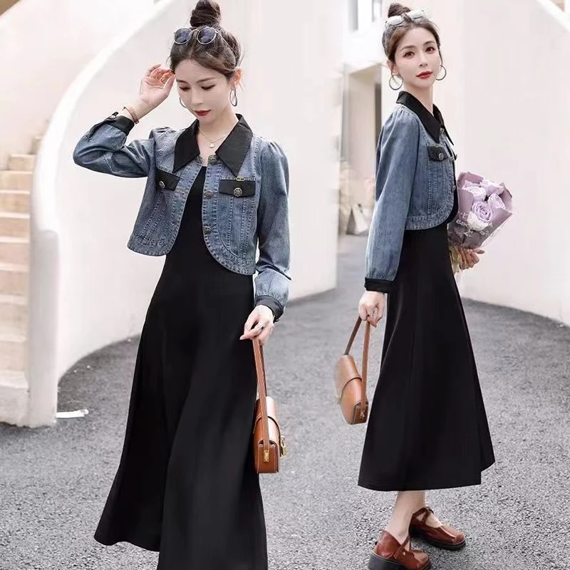 牛仔外套女吊带连衣裙两件套女2023春秋新款韩版短款显瘦洋气套装