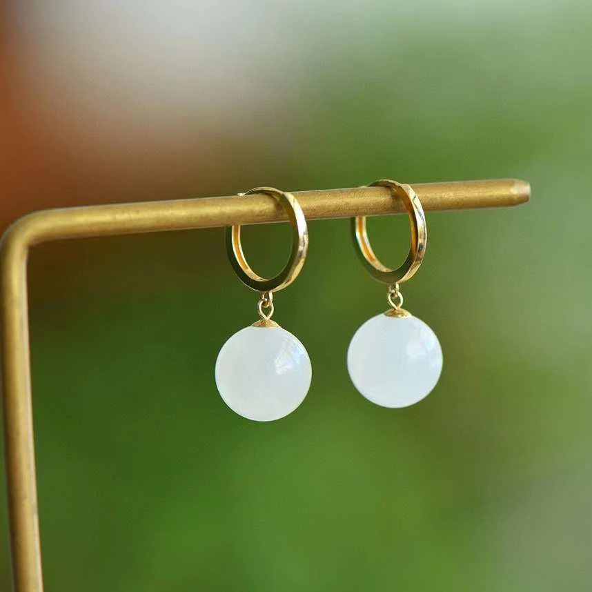 天然新疆和田白玉圆珠耳扣18k厚金镶嵌女士款转运珠耳圈耳环耳饰