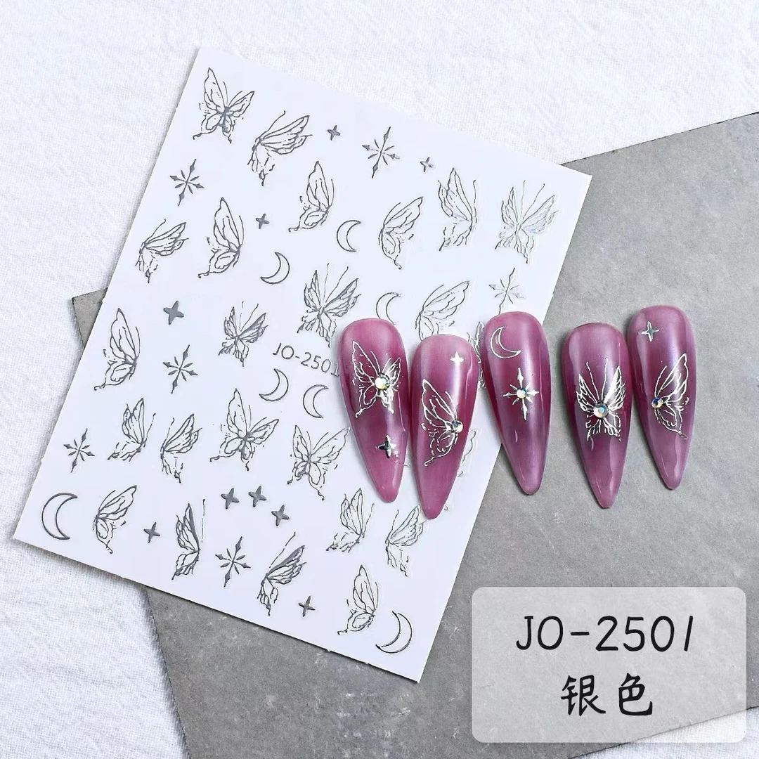 千禧烫金银星月美甲贴纸蝴蝶亮面银布契拉提爱心辣妹风指甲贴花