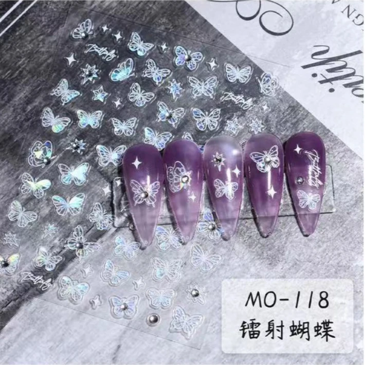 【带钻浮雕】美甲立体贴纸白色线条蝴蝶极光镭射手工爆闪大蝴蝶日系
