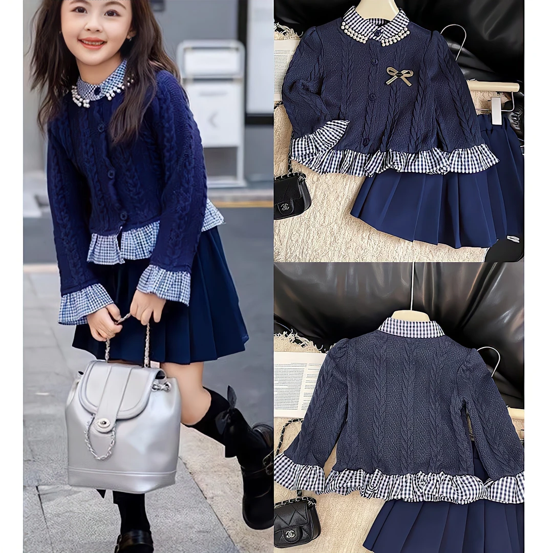 女童毛衣裙秋季学院风小女孩针织衫百褶裙jk洋气儿童制服裙子套装