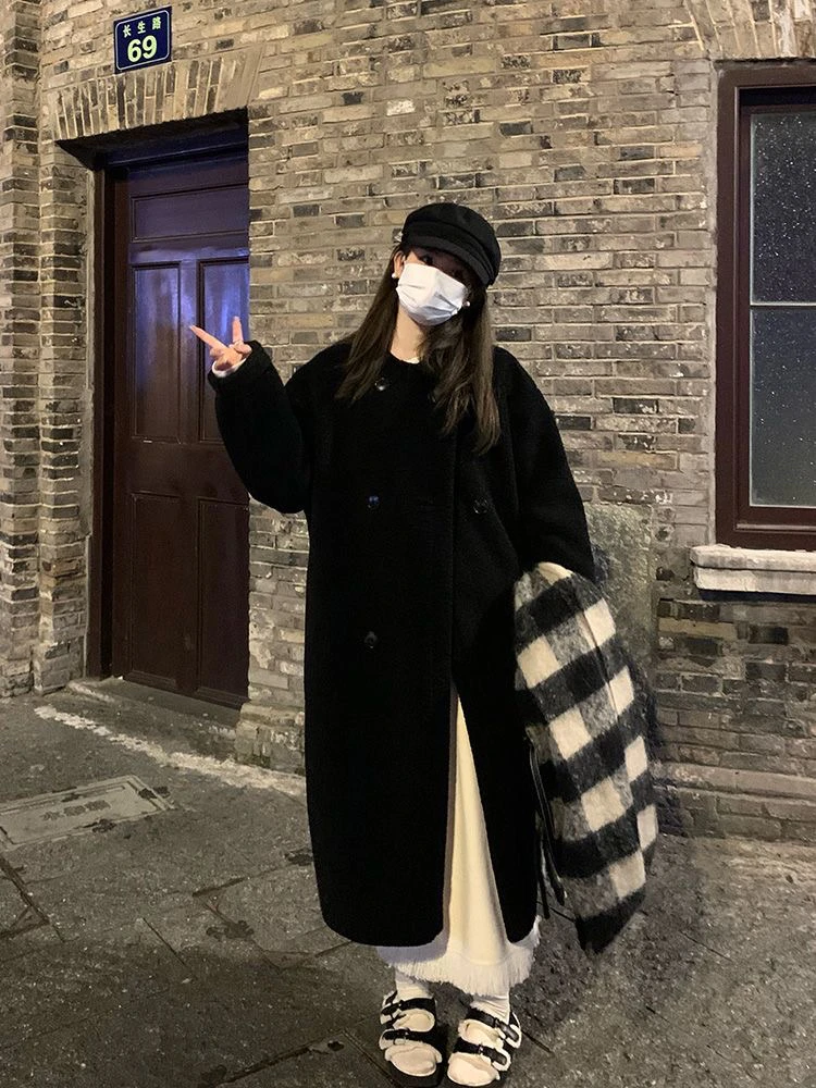 2024新款韩系外套长款毛绒绒大衣中长款女士时尚圆领宽松大衣