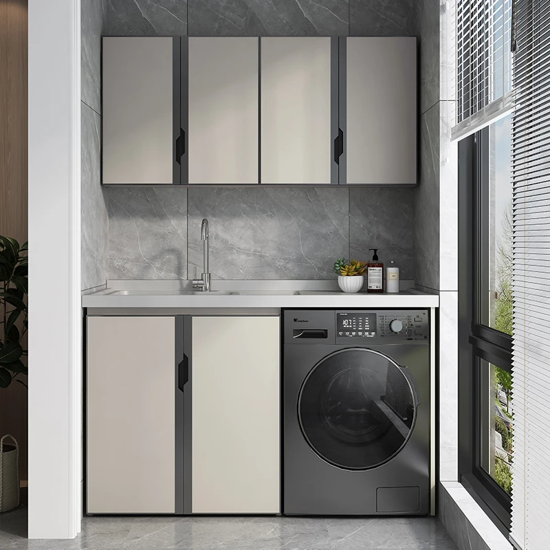 太空铝石英石池槽一体阳台洗衣机柜子带搓板台盆柜组合洗衣柜伴侣