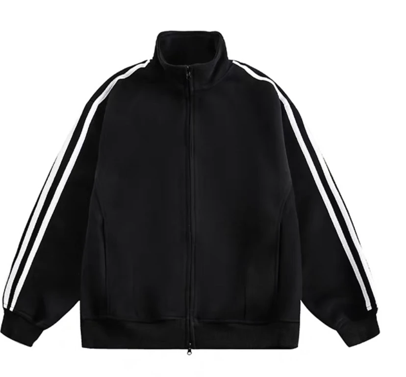 美式复古三条杠立领夹克男秋季潮牌宽松双头拉链夹克情侣开衫外套