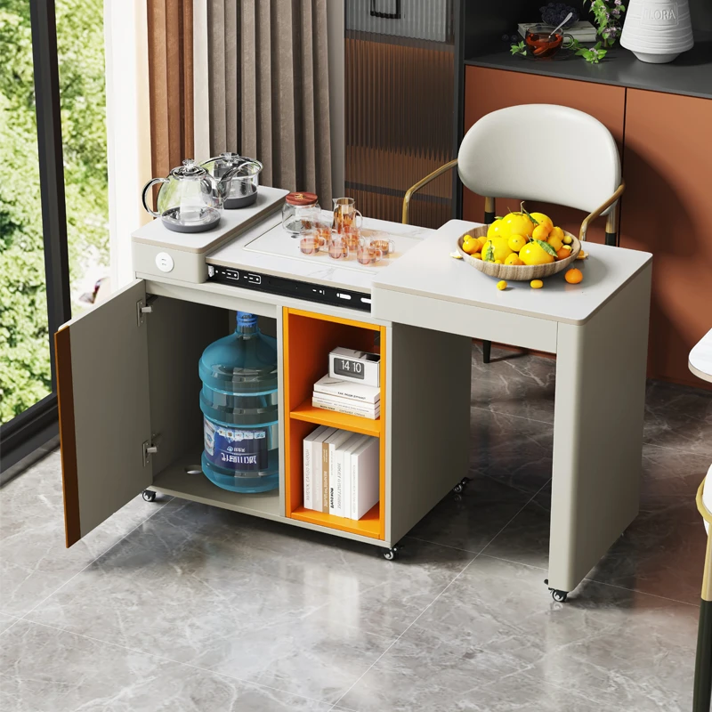 现代轻奢可移动岩板茶台家用小户型伸缩一体小茶车可充电茶桌套装